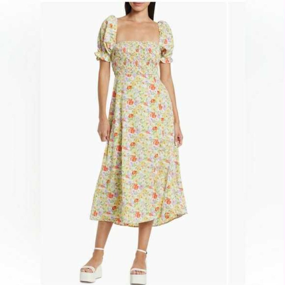 ASTR the Label Smocked Puff Sleeve Yellow & Pink Floral Midi Dress, size XL
